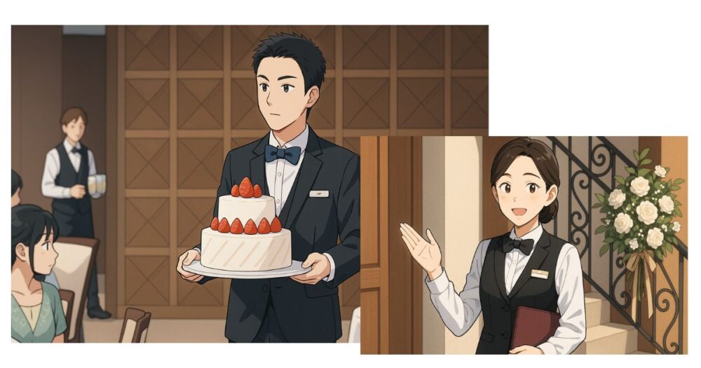 ホテルで結婚式・披露宴・パーティ・企業の会議や式典などの宴会部門で働くスタッフ