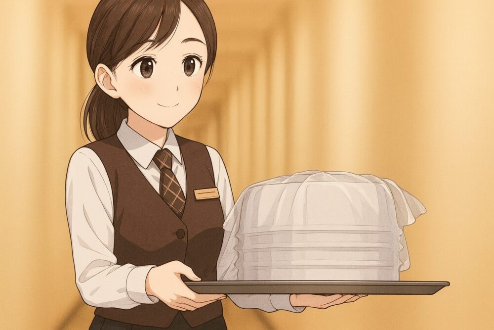 料理を運ぶホテルスタッフの女性