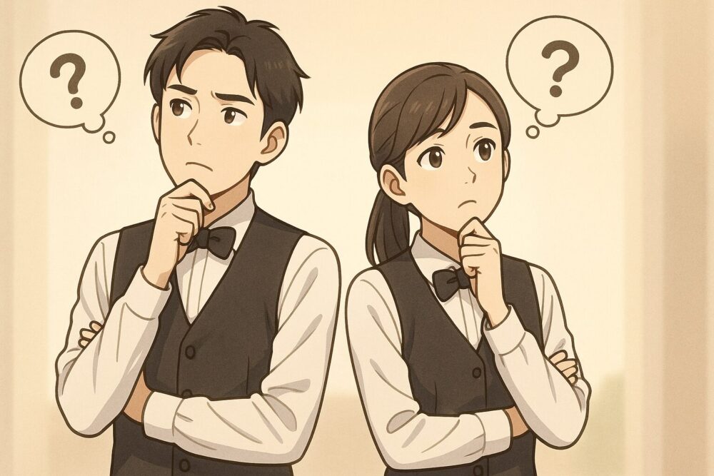 悩んでいる男女のホテルスタッフ