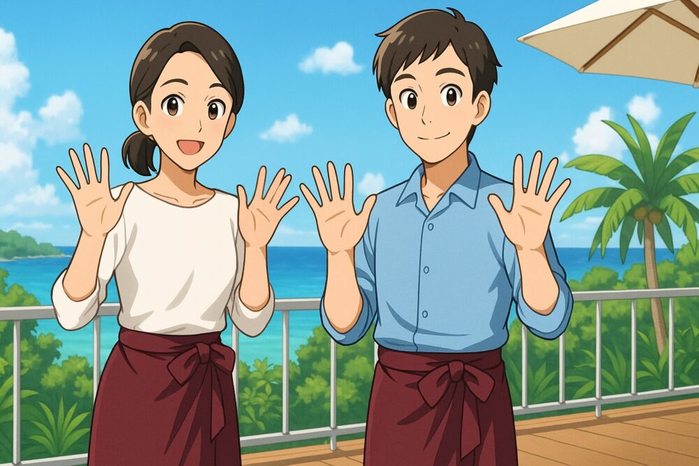 夏のリゾートバイトでレストランサービススタッフの男女