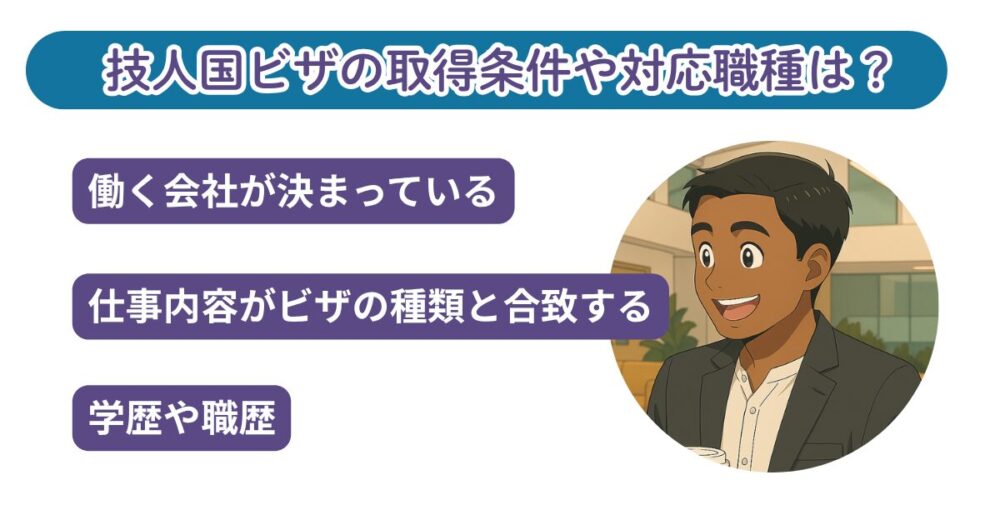 技人国ビザの取得条件や対応職種